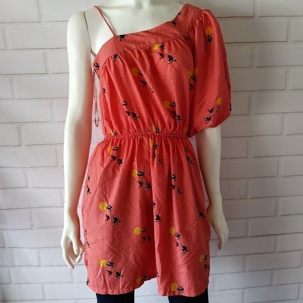 Angie Size Medium Top Pink Coral Polka Dot Birds